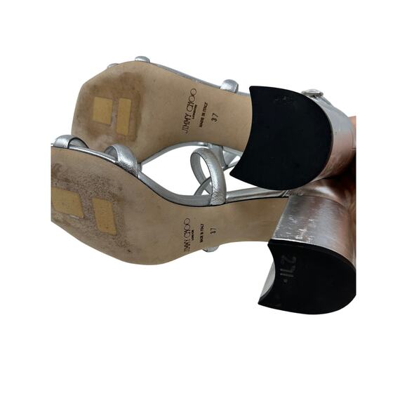 Jimmy Choo Rheea Metallic Block Heel Sandals Womens Size 37 US 7 Silver *READ - Picture 7 of 9